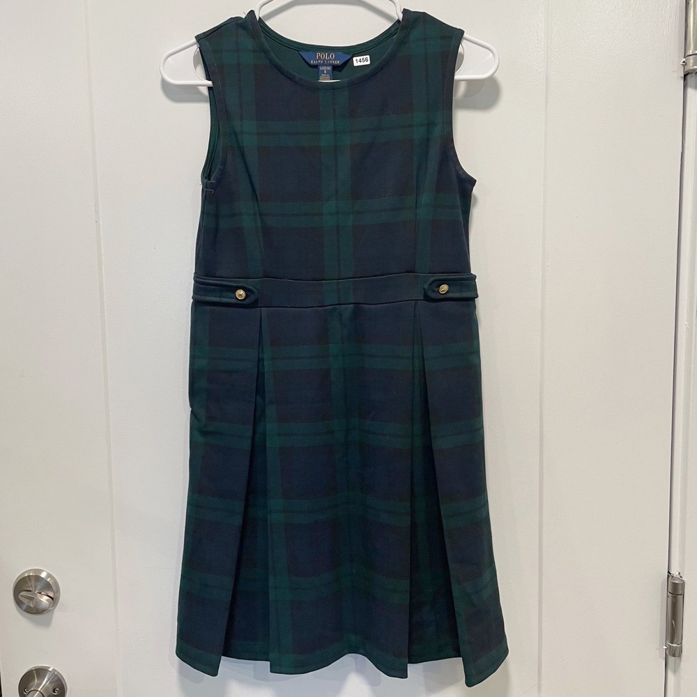 Polo Ralph Lauren Girls Green‎ Navy Plaid Pleated Sleeveless Dress L 12-14